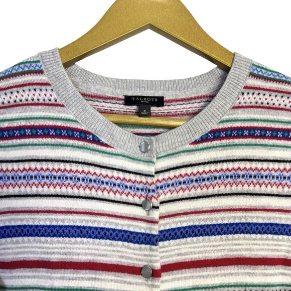 Talbots Fair Isle Cardigan Womens Petites PP Colorful Holiday Lambswool Nordic - Picture 4 of 7